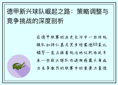 德甲新兴球队崛起之路：策略调整与竞争挑战的深度剖析