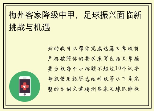 梅州客家降级中甲，足球振兴面临新挑战与机遇