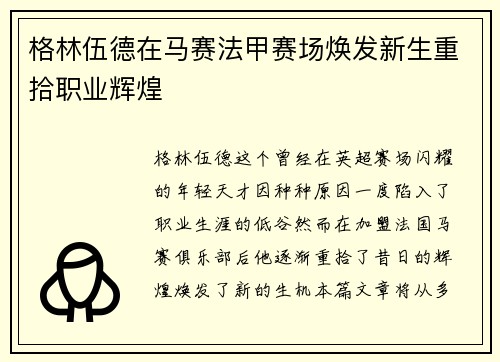 格林伍德在马赛法甲赛场焕发新生重拾职业辉煌